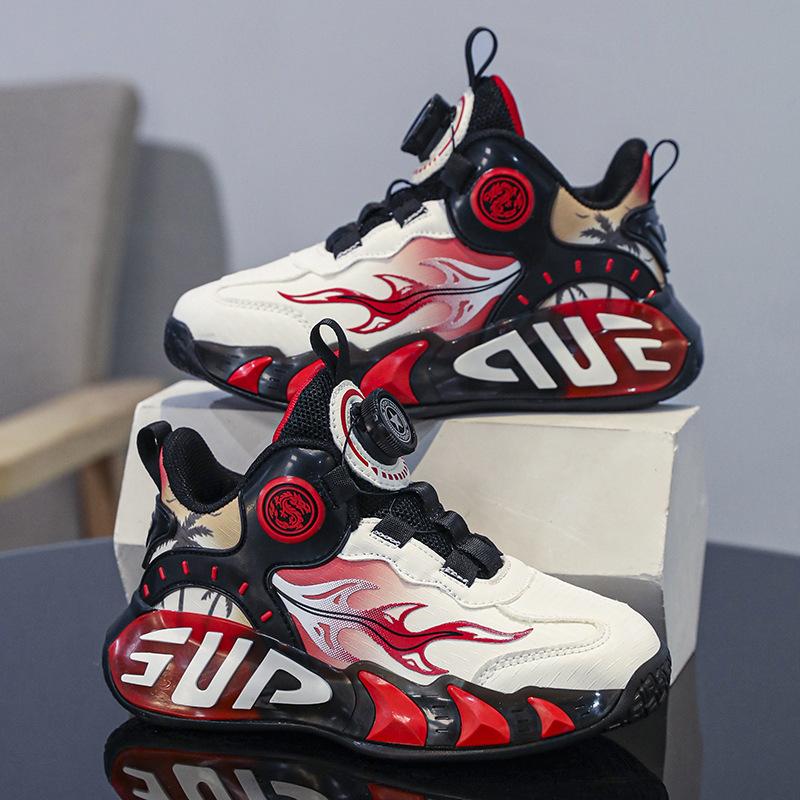 Children's Basketball Shoes Button Sneakers Friction Sound Spring and Autumn Leather Surface Boys and Girls Training Shoes New Running Shoes