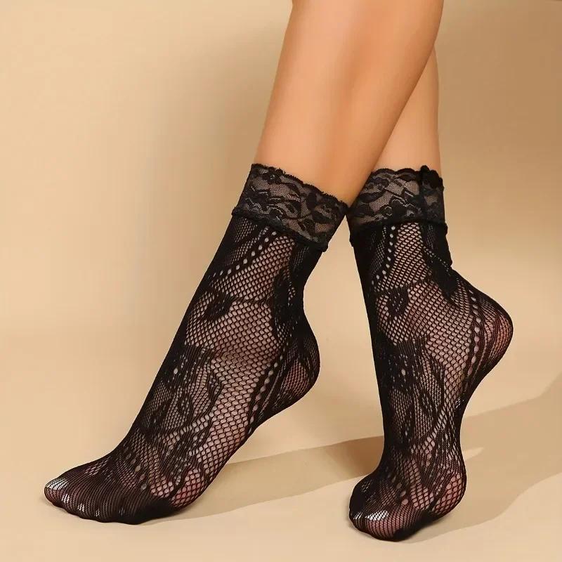 5 Ζευγάρια Κάλτσες με Φλοράλ Δαντέλα Λεπτές Αναπνεύσιμες Κοντές Κάλτσες Καλοκαιρινό Διχτυωτό Στυλ Lolita Διχτυωτές Κάλτσες Γυναικείες Κάλτσες