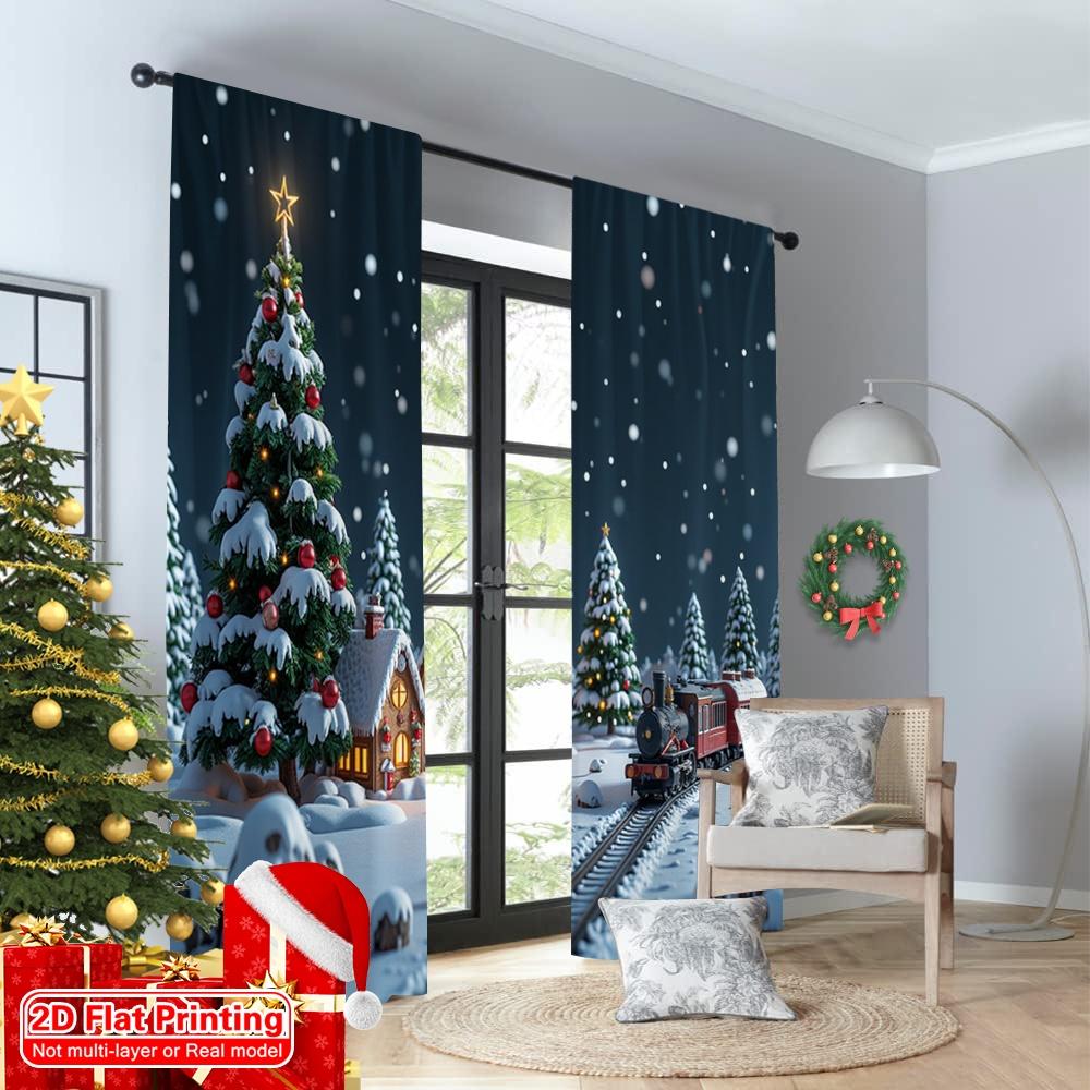 2pcs 2D Flat Printing Merry Christmas Popular Drapes Christmas Village Train Scene Fabric Without Electricity Holiday