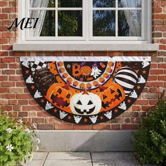 Outdoor Halloween Decorations Semi Circle Bunting Banner, Pumpkin Bat Porch Yard Decor, Festive Window Hanging Spooky Flag for Indoor Party
