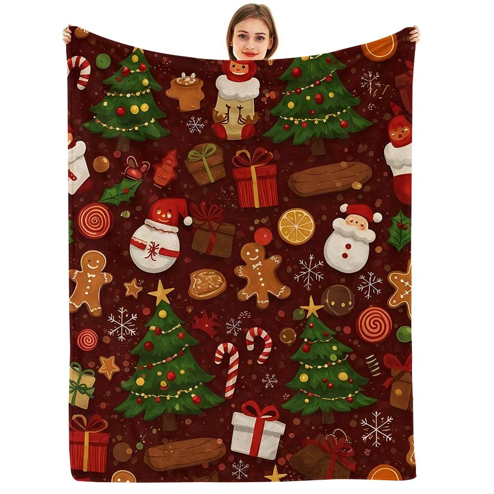 Vintage Stripe Xmas Bear Cartoon Anime Print Flannel Blanket Soft Warm Throw for Kids Bedroom Sofa Christmas Office Car
