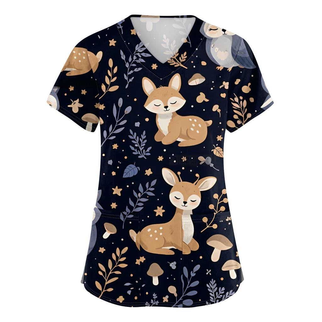 Women's Casual Short-Sleeve Cute Animal Print V-Neck Pocket Workwear Top