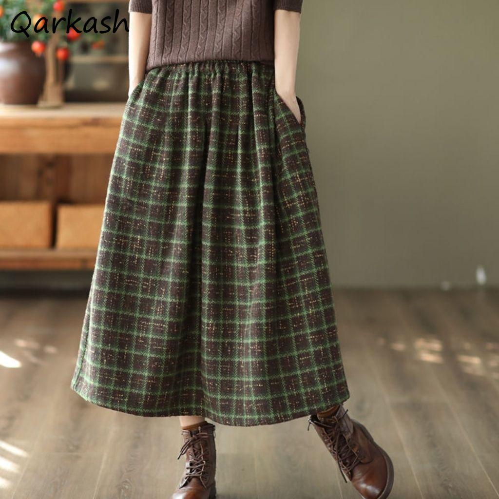 

High Waist A-Line Skirt Ladies s Cheered Woolen Thiened Autumn Winter Vintage Commute Sle Skirts XXXL зелёный