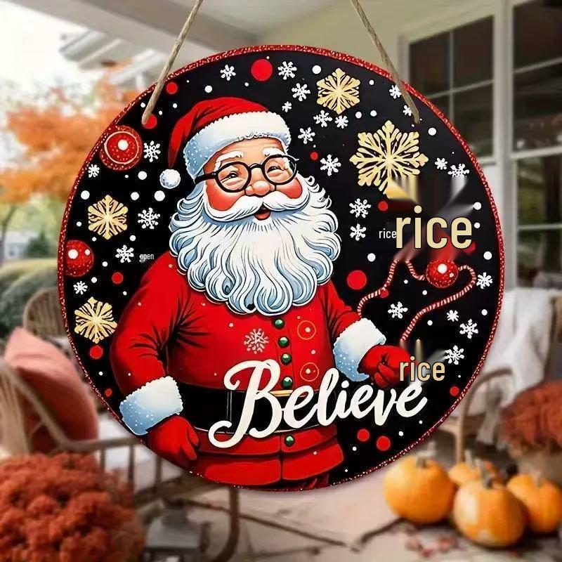 Santa Claus Christmas Wreath Wooden Hanging Sign for Wall, Door, or Window Décor