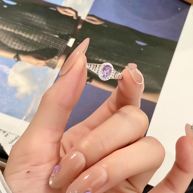 S925 Silver Natural Stone Open Ring, Amethyst/Citrine, Korean Style Daily Jewelry Gift for Women