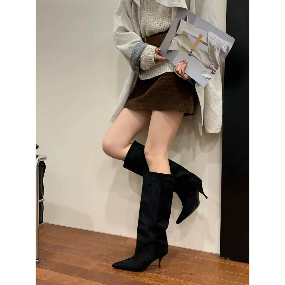 Fashion Vintage Thin Heels Women Knee High Boots Fashion Winter Sexy Pointed Toe Stripper Party Shoes Zapatos De Mujes