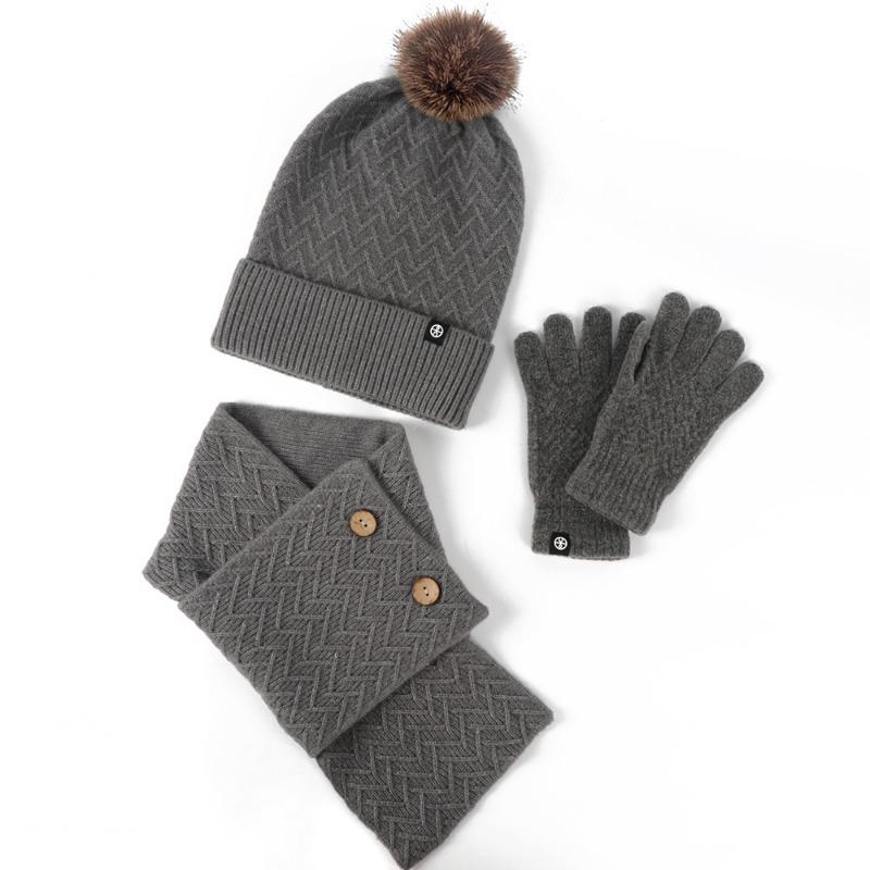 Autumn and winter outdoor cold-proof hairball knitted hat, scarf, gloves three-piece set, warm stack hat three-piece set