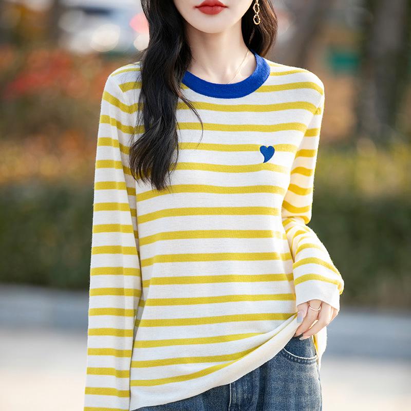 

2025 Spring/Summer Merino Wool Crew Neck Women s Long Sleeve Color Block Heart Knitwear Medium
