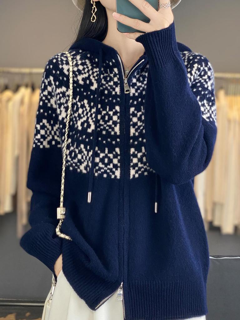 Women's Fair Isle Wool Knit Hooded Cardigan - Double Zipper, Korean Style, Autumn/Winter
