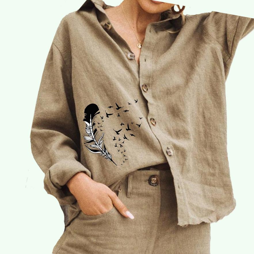 

Женская мода отложной воротник блузка дамы принт хлопок лен топ повседневная рубашка на пуговицах 2XL хаки