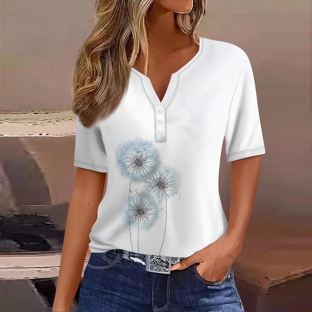 Women's Casual Sequin Printed V-Neck Short Sleeve Decorative Button T-Shirt Top