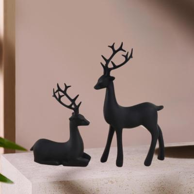 2Pcs Black Deer Statue Tabletop Decoration Collectibles Animal Sculpture Resin Reindeer Figurine for
