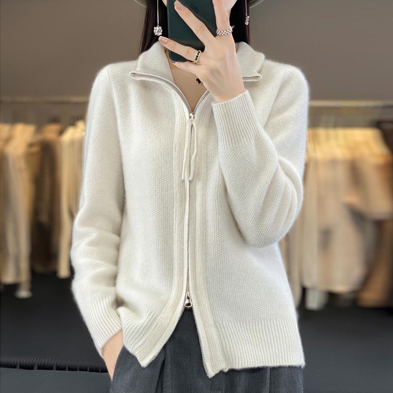 2026 Autumn/Winter Women's Casual Double Zipper Knit Cardigan - Versatile Loose Fit, Lazy Style Fashion Sweater