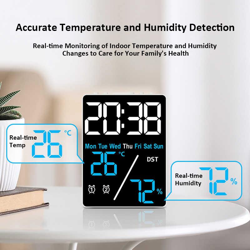 Digital Alarm Clock with Date Temp Displayed Dual Alarms LED Clock Indoor Household Temperature and Humidity Meter Desktop Clock