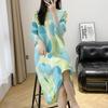 Women's Print Dress Summer Loose Pleated Plus Size Dress Long Cropped Sleeve Dress for Beach