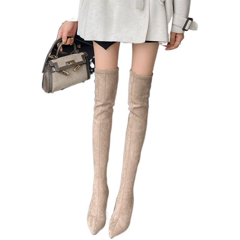 Over-knee Boots Year Children Autumn and Winter Fleece Pointed Thick High Heel Long Elastic Boots Spring and Autumn Thin High Boots