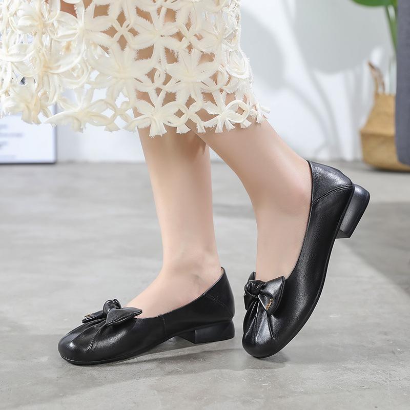 Fashionable Single Shoes for Women with Genuine Leather Bows 24 Summer New Style Light Mouth Round Head One Foot Low Heel Versatile Large