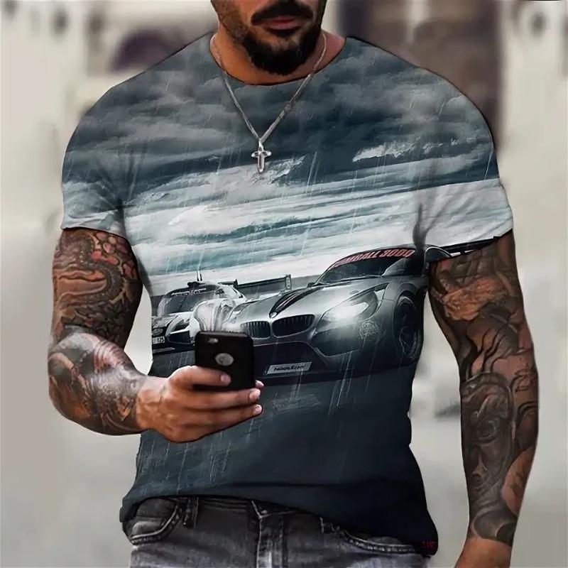 Men's Car Pattern T-shirt 3D Printed Round Neck T-shirt Casual Loose Men Quick Drying Breathable Comfortable