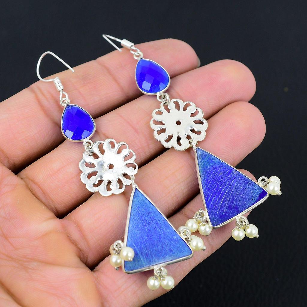 Drittes Auge Chakra Saphir Edelstein Hängeohrringe 925 Sterling Silber