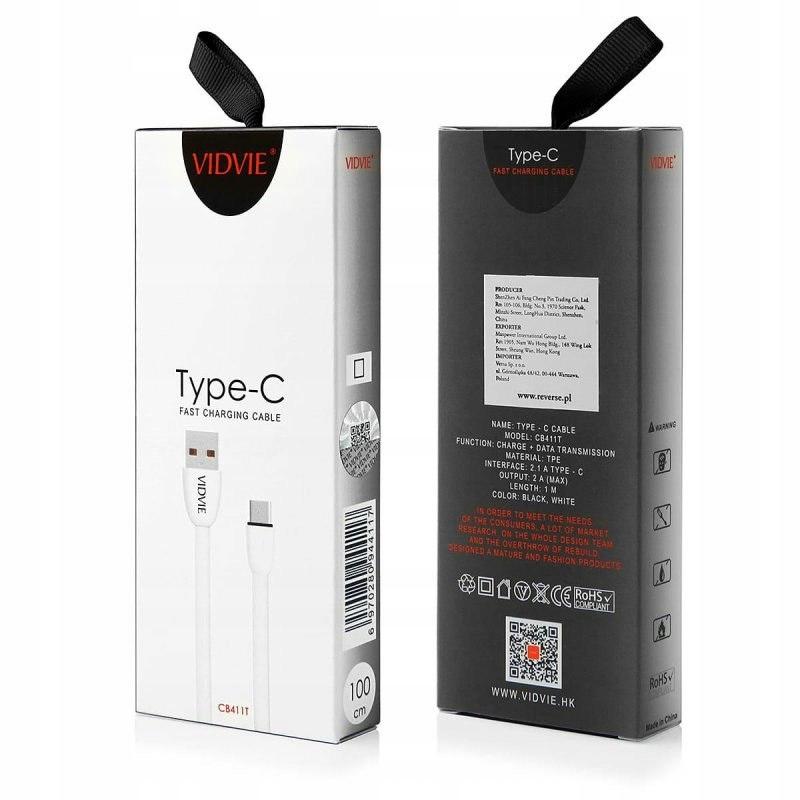 VIDVIE CB411 USB/Type C 2.1A Cable, 1m White