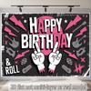 2D Printed Pink Black Rock Birthday Backdrop for Party Photoshoot