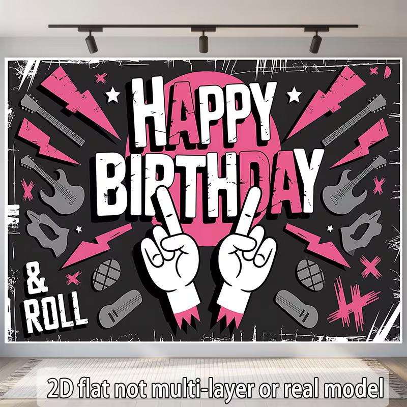 2D Printed Pink Black Rock Birthday Backdrop for Party Photoshoot