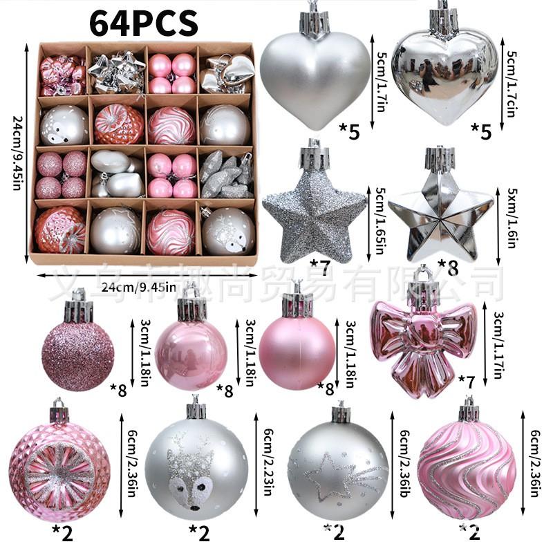 64pcs Christmas Ornament Set - Painted Ball Decorations Tree With Star Heart Bow Design