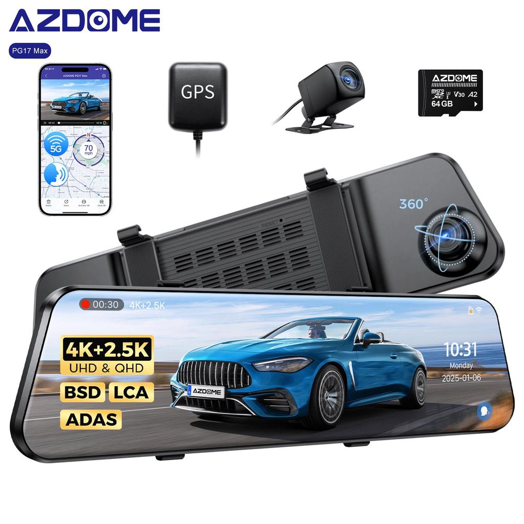 AZDOME PG17 Max 4K+2.5K Mirror Dash Cam with ADAS BSD and LCA 12" Rear View Mirror Camera with 5GHz WiFi Includes 64GB Card