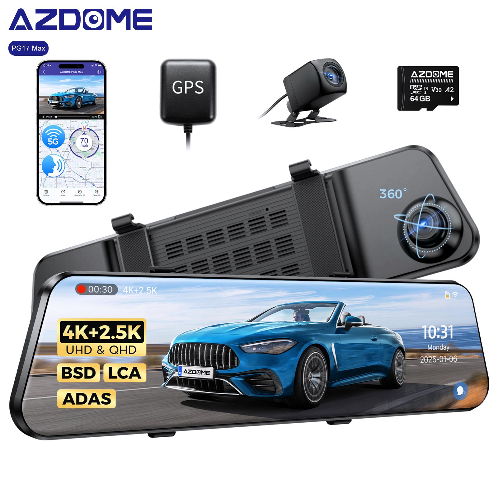 

AZDOME PG17 Max 4K+2.5K Mirror Dash Cam with ADAS BSD and LCA 12 Rear View Mirror Camera with 5GHz WiFi Includes 64GB Card 12.83 x 4.65 x 3.20 cm
