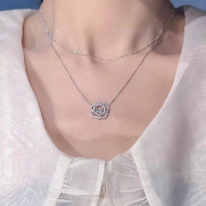 Elegant Double-Layer Camellia Necklace: Rose Pendant & Shiny Diamond Choker for Women