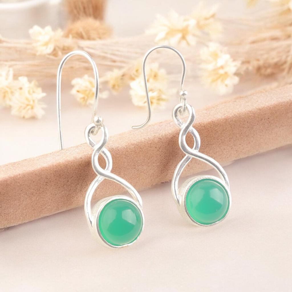Beautiful Green Onyx Cab Gemstone 925 Solid Sterling Silver Dangle Earring 1.68" CE-15-30