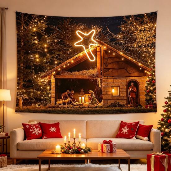 Reusable Xmas Wall Decor Christmas Tapestry, Winter Snow Scene Backdrop, Tree Fireplace Backdrop Hanging Tapestry for Bedroom Living Room Holiday