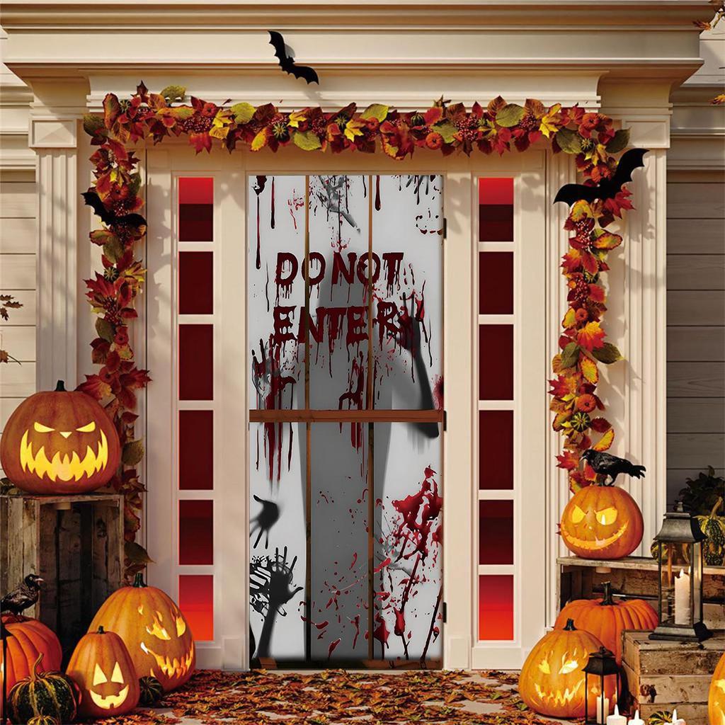 Four-Sided Stretch Carpet Fabric Door Cover with Halloween Design - Easy Installation