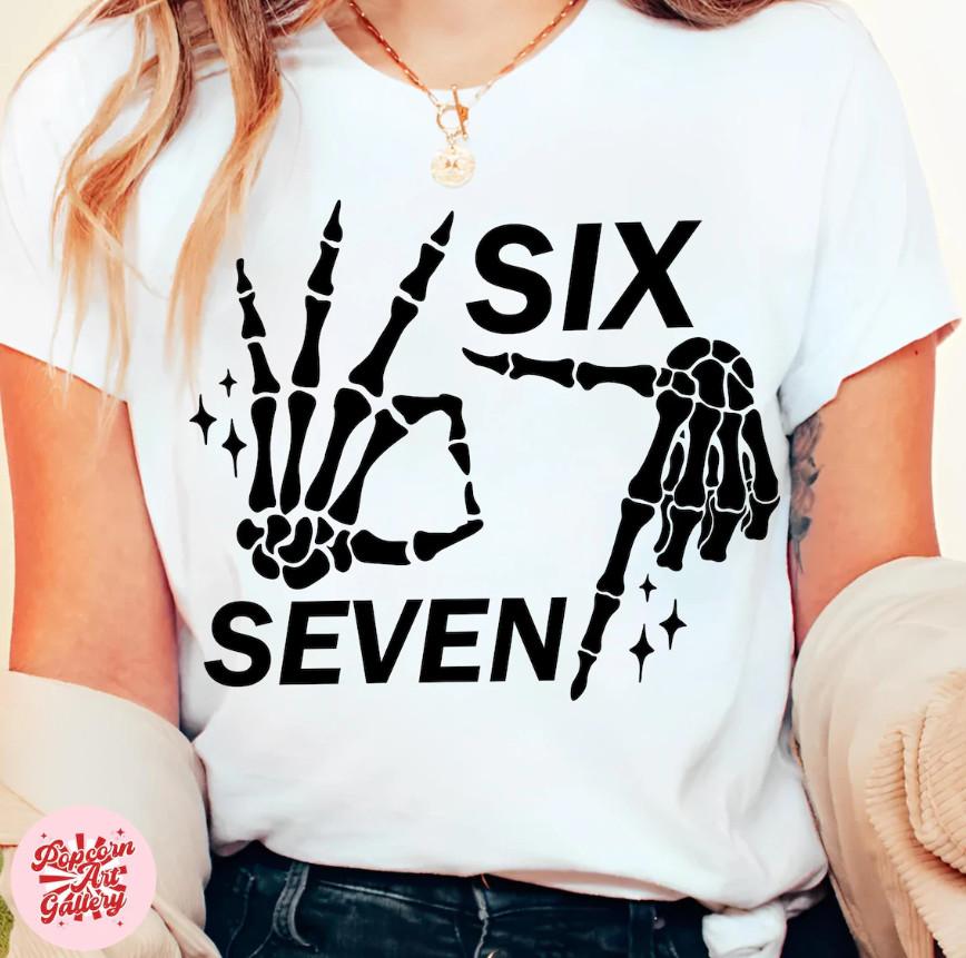 Six Seven 6 7 Meme Funny Skeleton Hands T-shirt S-5XL S
