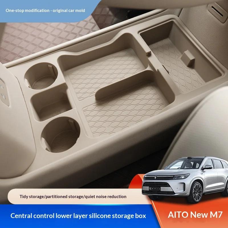 For AITO M7 2024 Center Console Storage Box, Custom Silicone Organizer Tray, Anti-Slip Cup Holder Mat Car Accessories