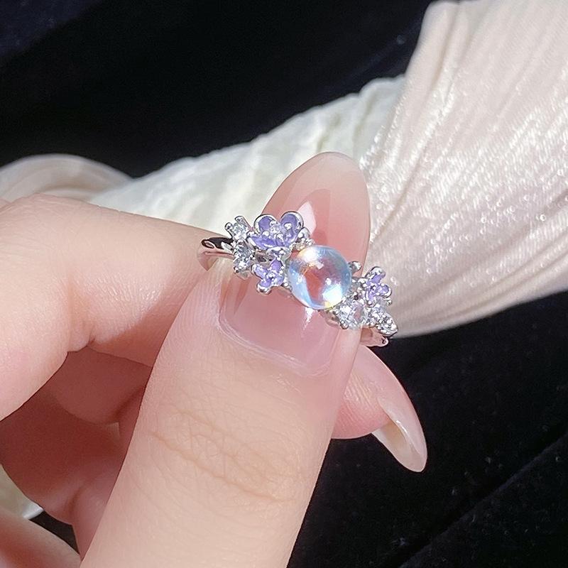 Cold Moonstone Snowflake Opening Ring Niche High-End Women'S Fashion Personality Light Luxury Ring