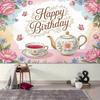 2D Flat Tea Party Happy Birthday Banner Floral Teacup & Butterfly Backdrop for Garden Tea Party