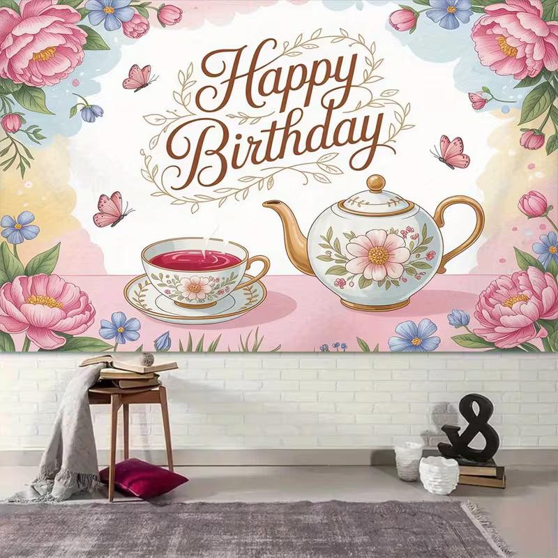 2D Flat Tea Party Happy Birthday Banner Floral Teacup & Butterfly Backdrop for Garden Tea Party