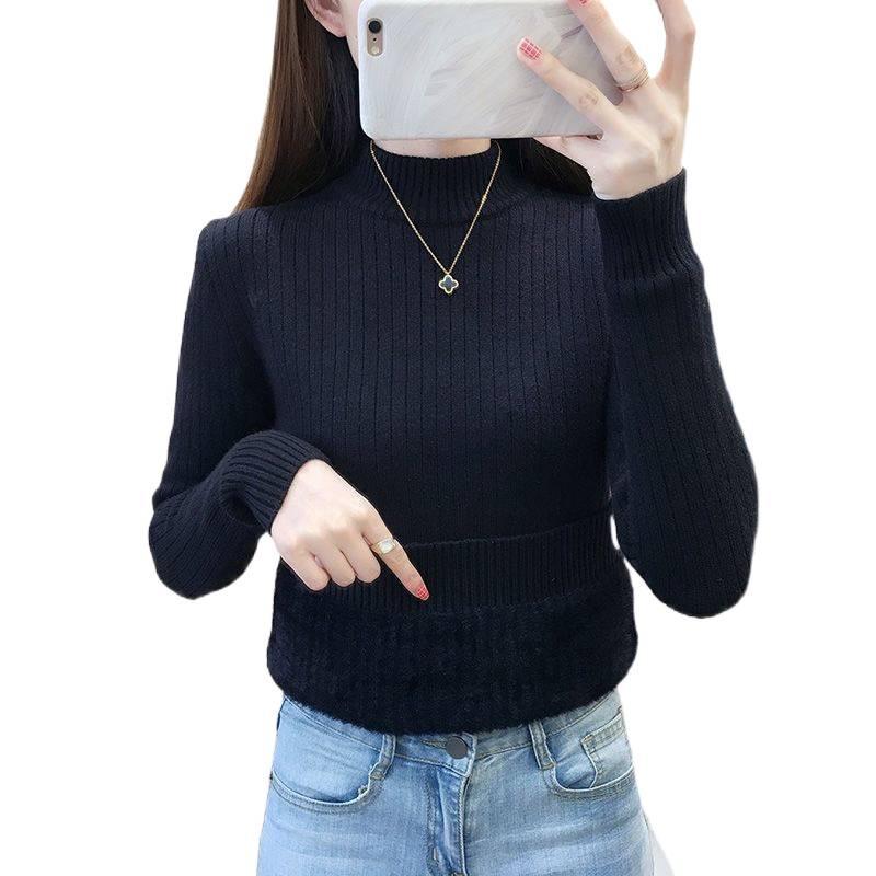 Women's Fleece-Lined Semi-High Neck Knit Sweater - Slim Fit, Solid Color, Perfect for Autumn/Winter.