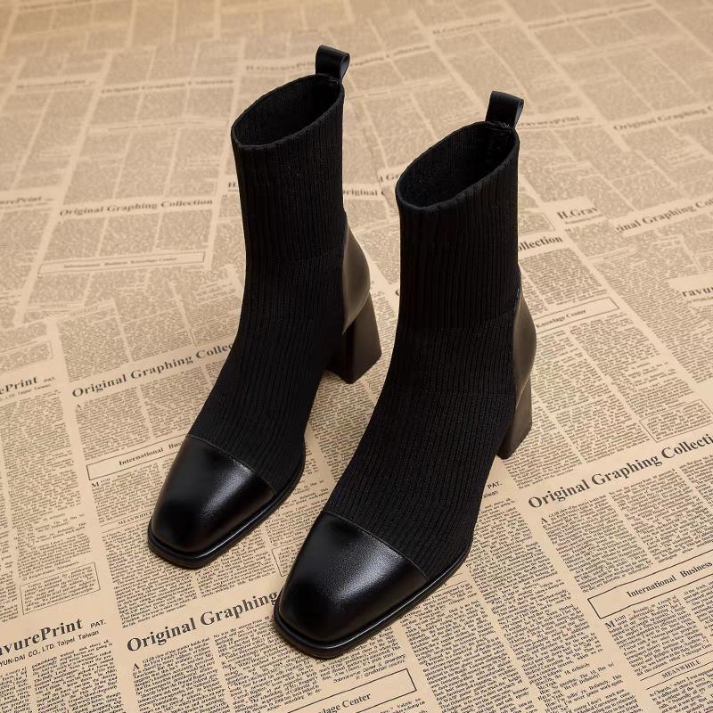 Fashion Thick High Heel Short Boots Autumn Winter New Popular Square Headed knit Ankle Boots for Women Black Brown Elastic Heeled Boots