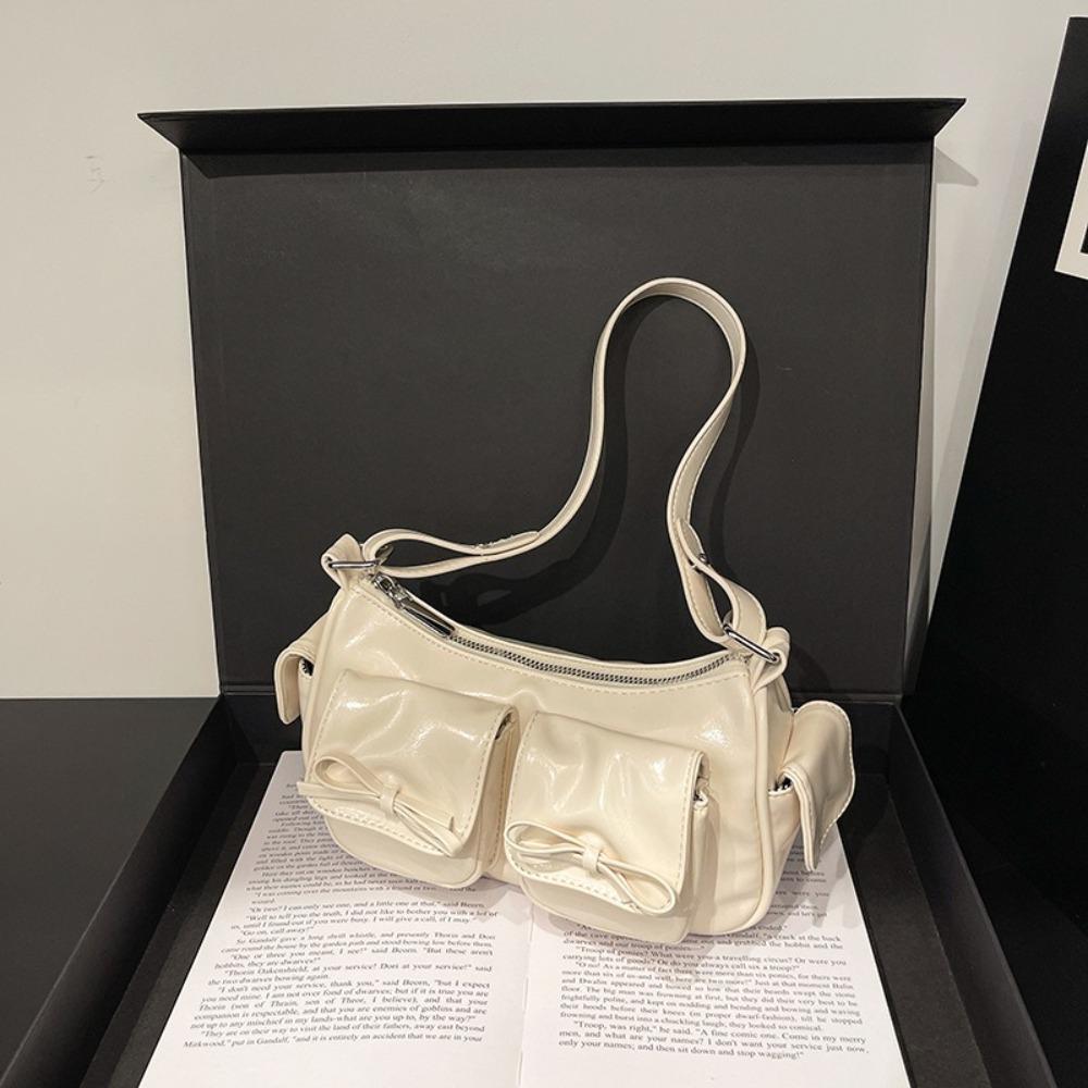 Multiple Pockets Bow Crossbody Bag Y2K Women Handbag Portable PU Leather Underarm Bag Outdoor