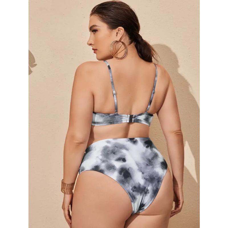 Print 2 Piece Plus Size Bikini Women Strapped Hollow Large Swimsuit High Waist Lady Swimwear Chubby Curvy Bathing Suit