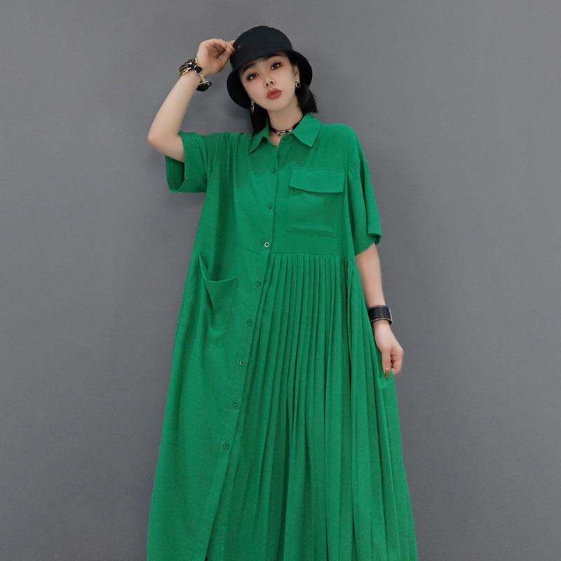 Xitao Irregular Splicing Pleated Green Dress DMY4747