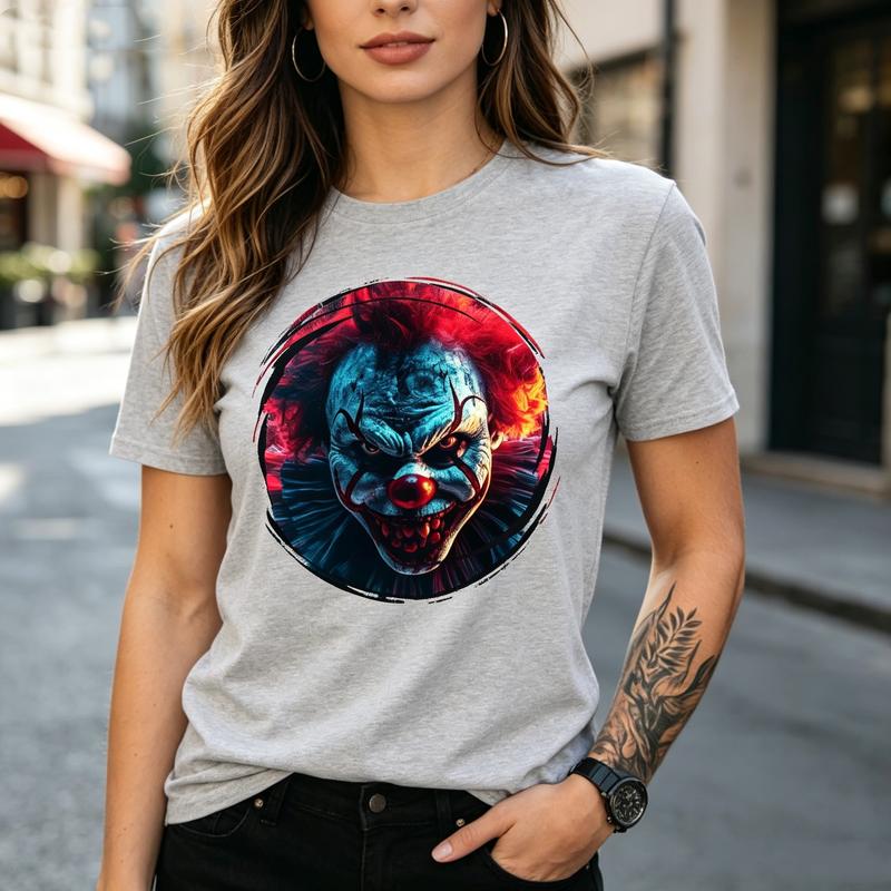 Horror Clown Graphic T Shirt Scary Movie Character Print Unisex Soft Cotton Crew Neck Short Sleeve Trendy Casual Tops