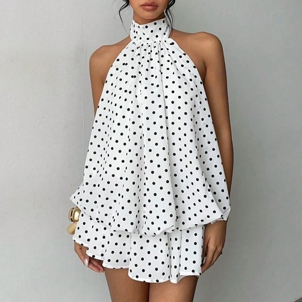 

Sleeveless Polka Dot Dress Off Shoulder Chiffon Dress Elegant A Line Halter Dress Holiday L белый