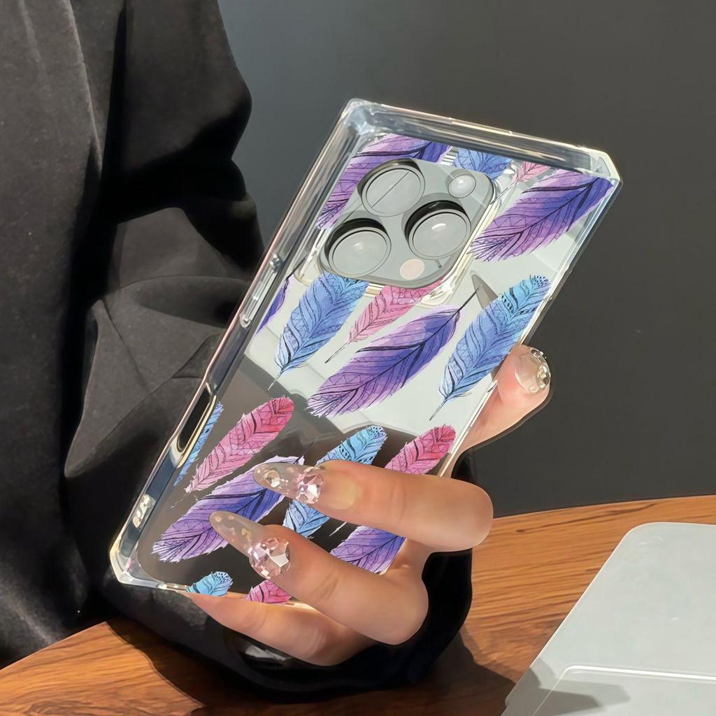Square Back Tube Protection Clear Case For iPhone 11 14 Pro Max 16 ProMax 15 Plus 12 13 Anti-Oxygen,Full Screen Feathers Pattern Casing