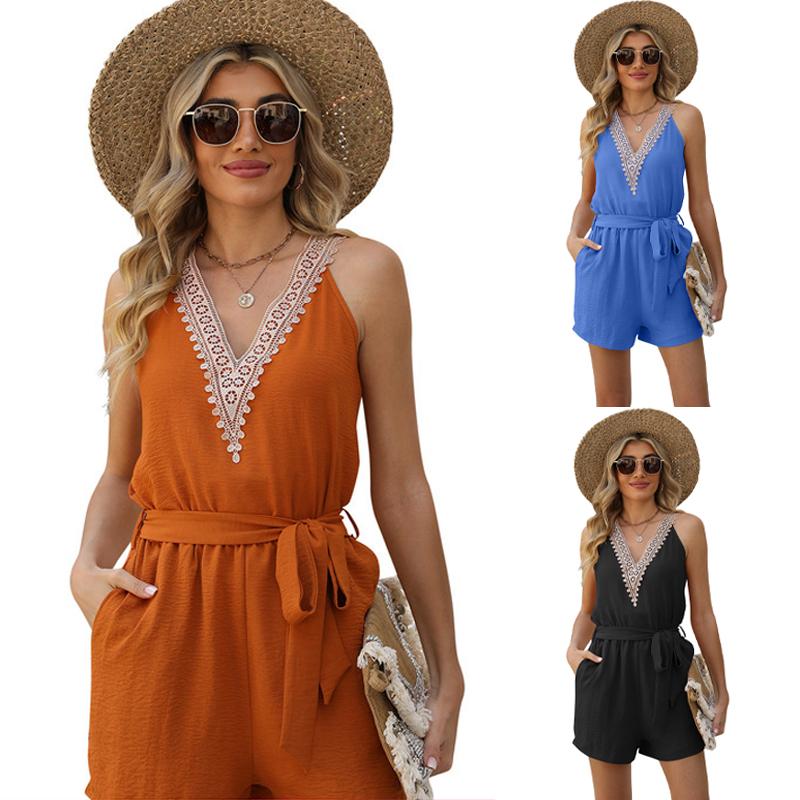 

Женский летний комбинезон с кружевным V-образным вырезом с V-образным вырезом с поясом Игровой костюм без рукавов Однотонный повседневный V-образный вырез Шорты Комбинезоны S-2XL