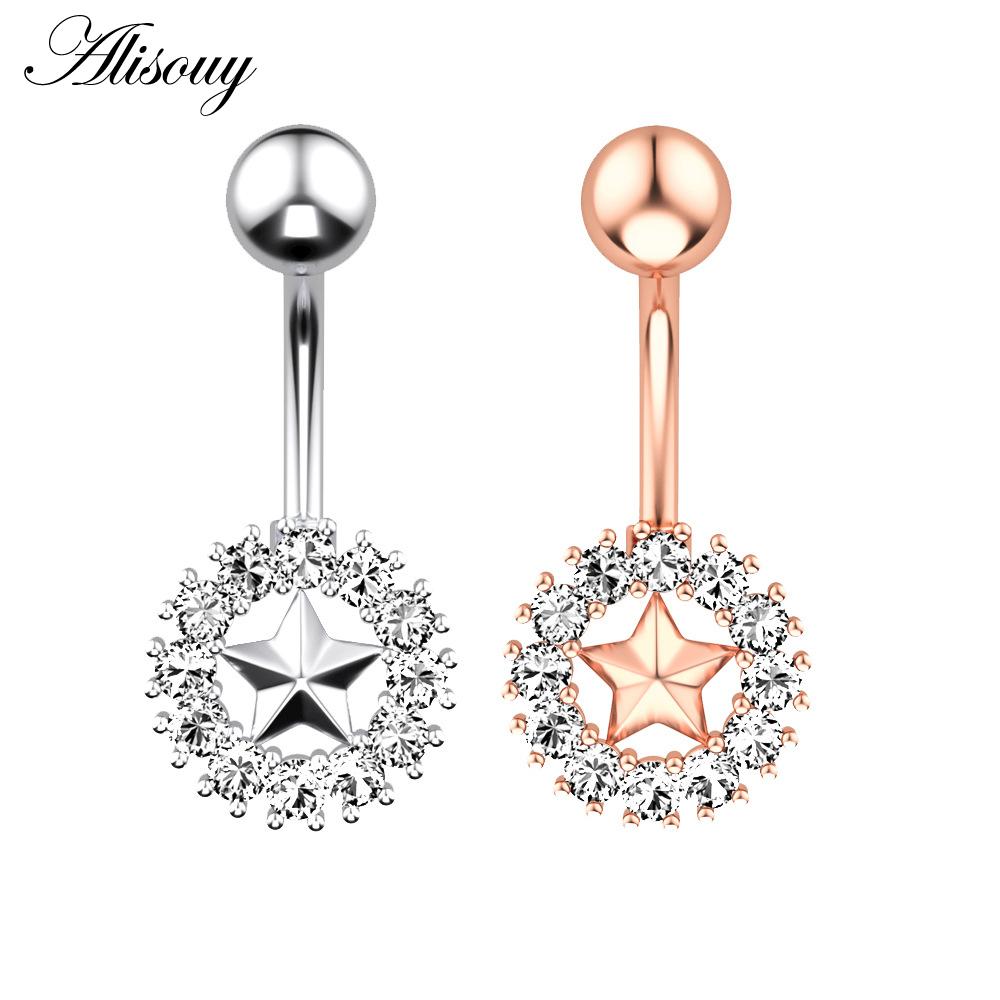 Alisouy 1pc Surgical Steel Crystal Zircon Star Butterfly Moon Stones Dangle Button Navel Piercing Ring Belly Ring Body Jewelry