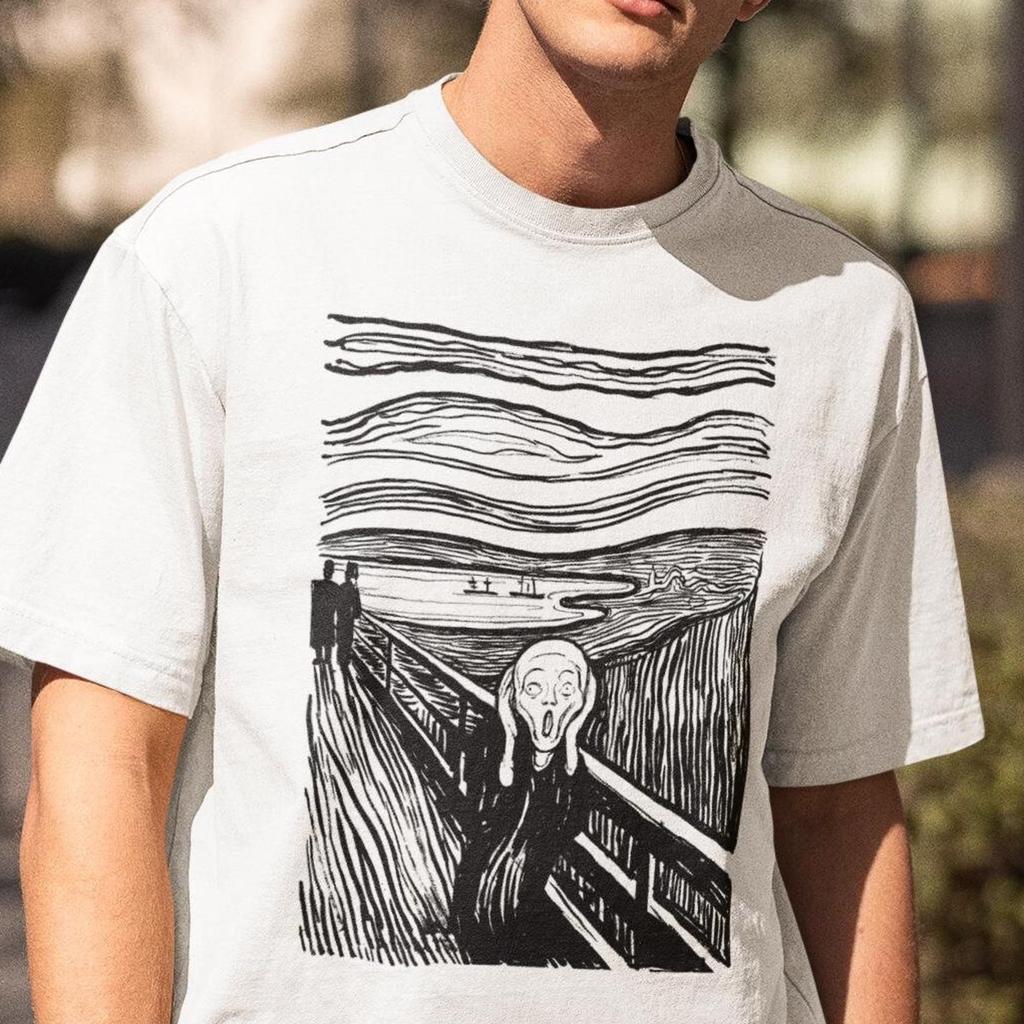 The Scream by Edvard Munch, Art Nouveau T-shirt, famous painting The Screaming figure, expressive drawing Munch, Darke fear, dread, Horror