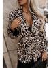 2024 Autumn Women's Leopard Print Tie-Waist Suit Collar Long Sleeve Coat - European & American Style